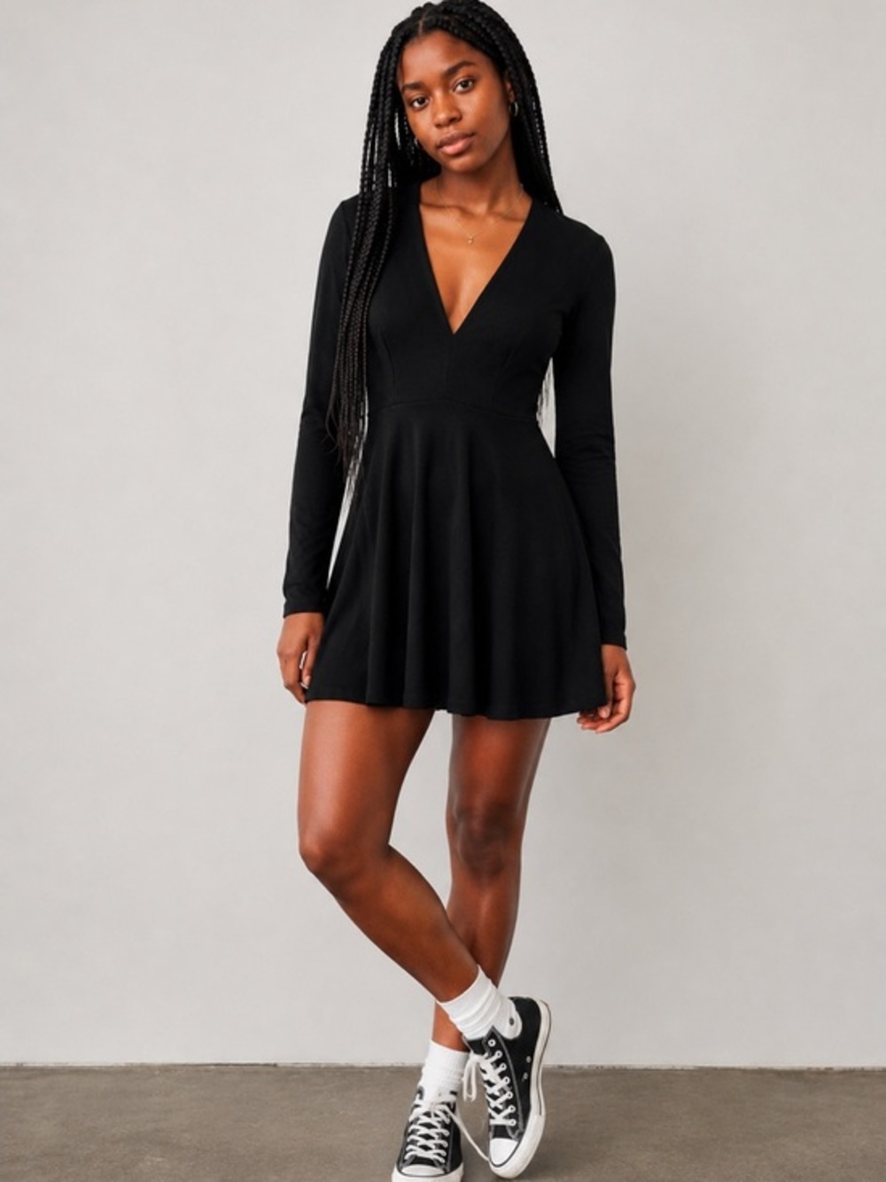 American Apparel Black Deep V-Neck Skater Dress
